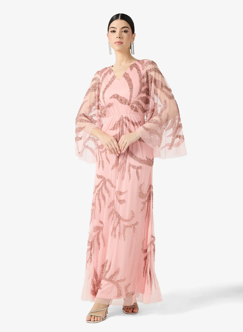 اميليا روز فستان ميدي بياقة دائرية وأكمام واسعة غير متماثل